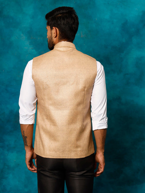 Vastramay Men's Beige Woven Nehru Jacket